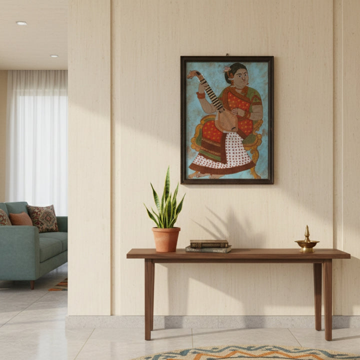 Vintage Reverse Glass Painting - Lady playing Veena