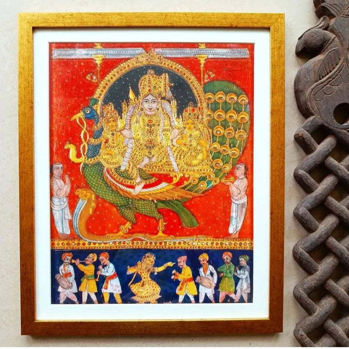 Karthikeya with Valli and Deivanai - Tanjore style art print