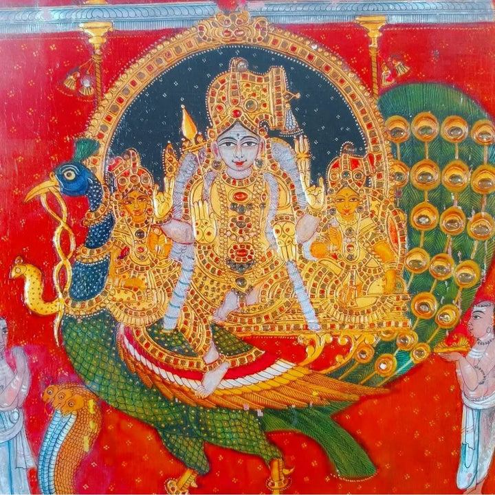 Karthikeya with Valli and Deivanai - Tanjore style art print