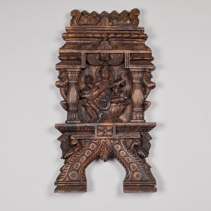 Handcarved Wooden Kavadi Panel with Goddess Saraswati | Traditional South Indian Devotional Art