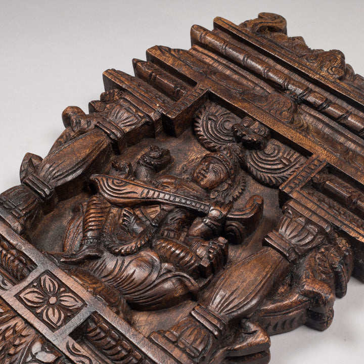 Handcarved Wooden Kavadi Panel with Goddess Saraswati | Traditional South Indian Devotional Art