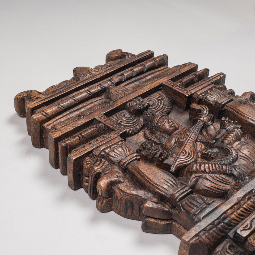 Handcarved Wooden Kavadi Panel with Goddess Saraswati | Traditional South Indian Devotional Art