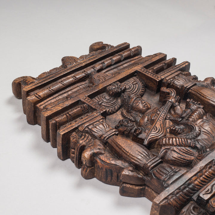 Handcarved Wooden Kavadi Panel with Goddess Saraswati | Traditional South Indian Devotional Art