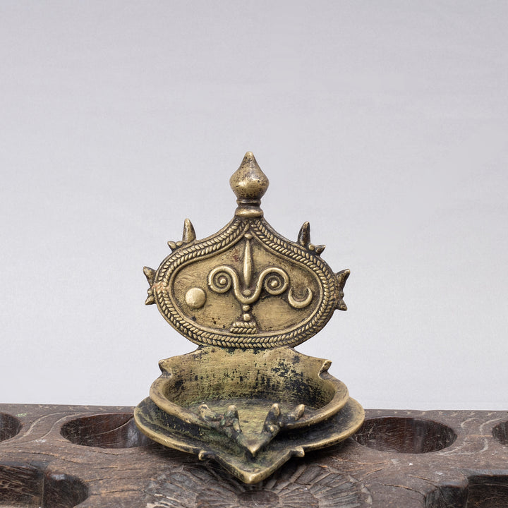 Vintage Vishnu Namam Temple Lamp with Sun and Moon Motifs