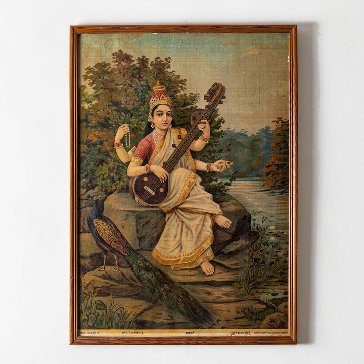 Vintage Ravi Varma Chromolithograph - Saraswati (Large)