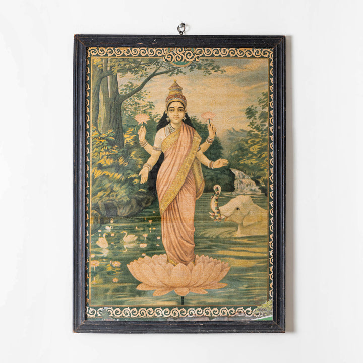 Large vintage Ravi Varma Lakshmi calendar art chromolithograph in original wooden frame