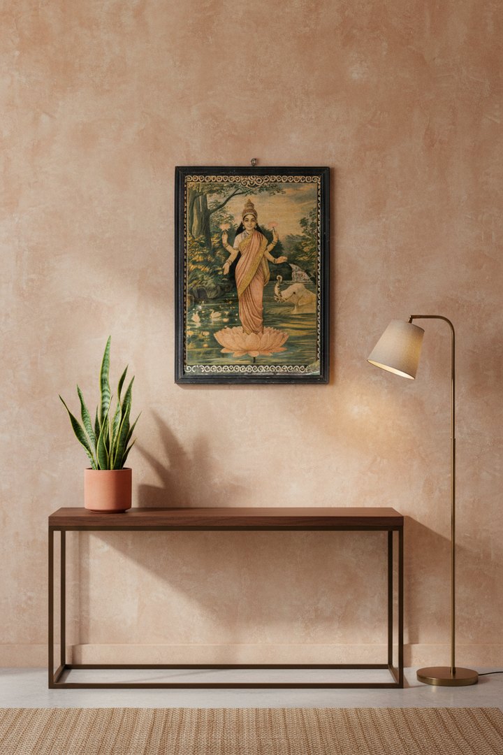 Large Vintage Ravi Varma Lakshmi Calendar Art | Chromolithograph | Tamil Nadu
