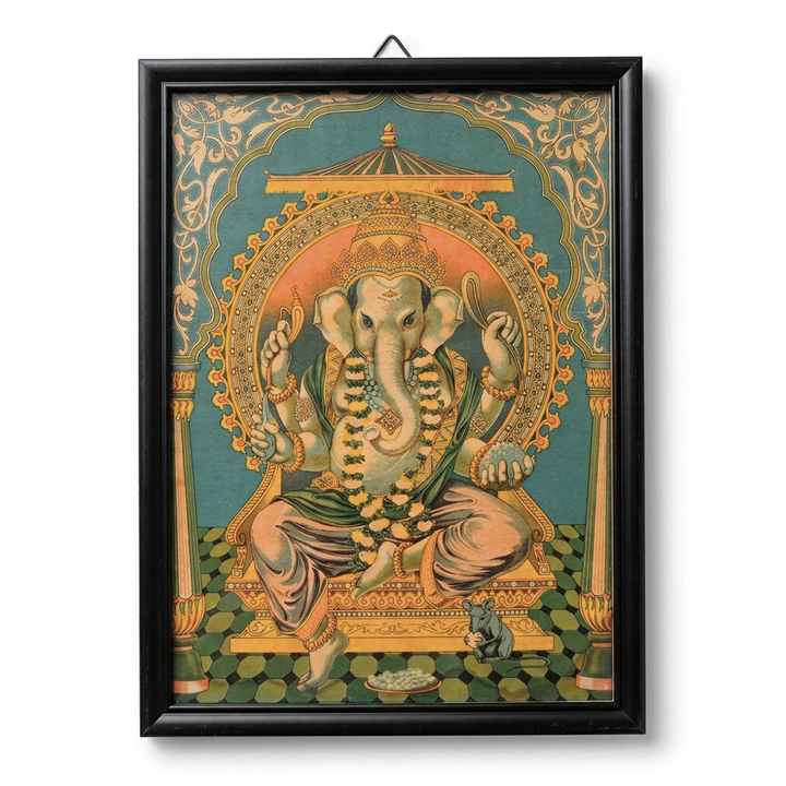 Vintage Raja Ravi Varma Ganesha Oleograph | Indian Devotional Art | Framed