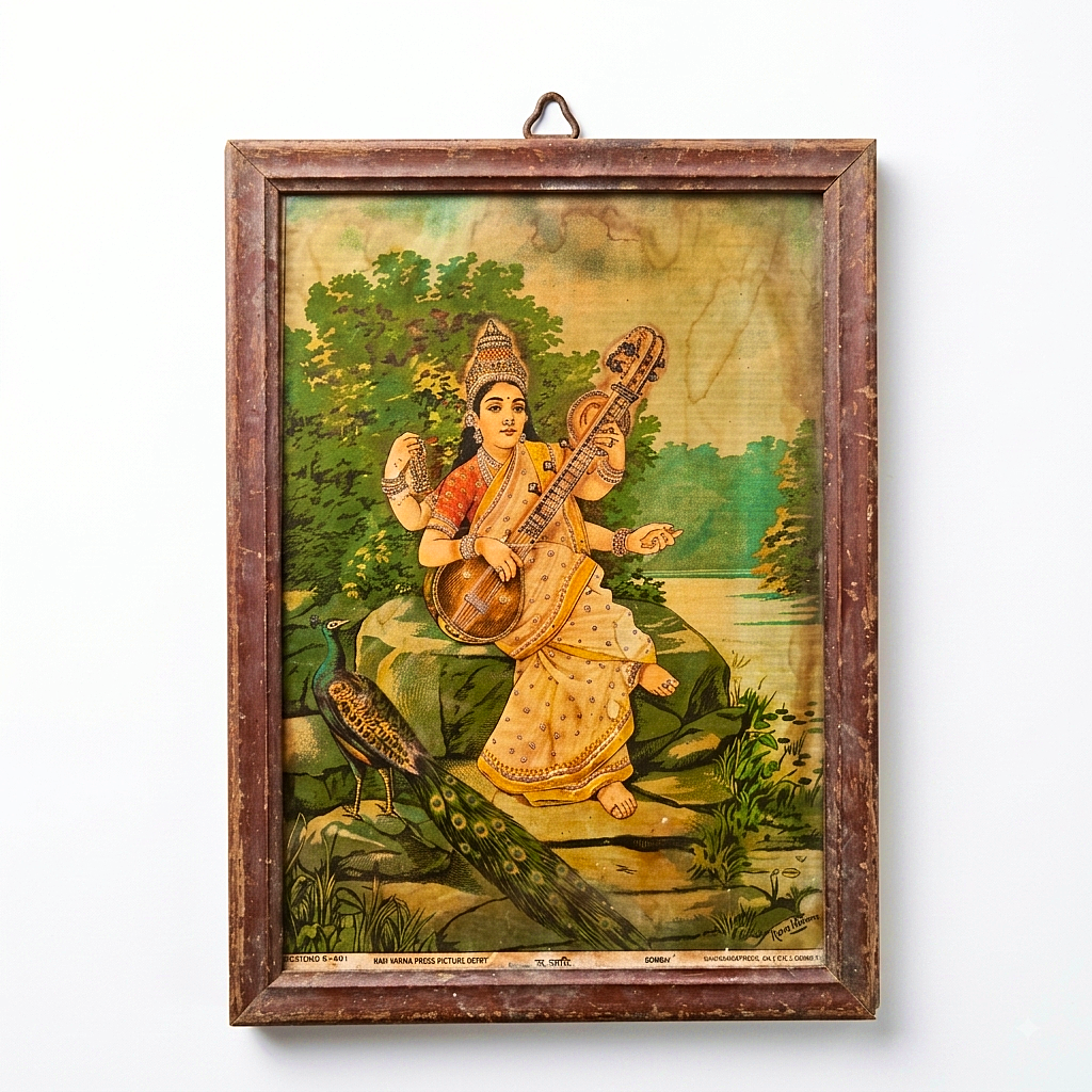 Vintage Raja Ravi Varma Saraswati Oleograph | Malavli Press | Embellished with Glitter Work