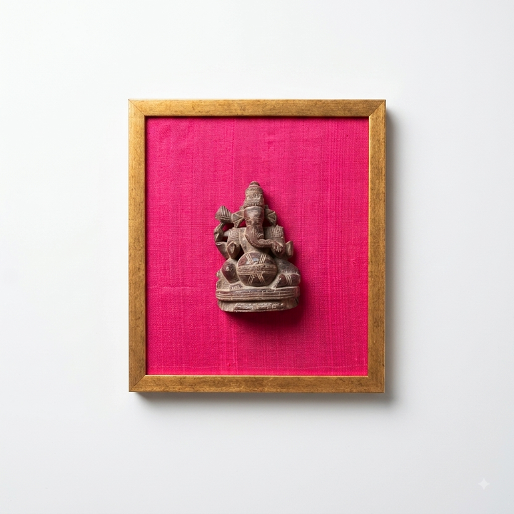 Antique Red Sanders Wood Marapachi Ganesha from Andhra Pradesh | Framed in Raw Silk