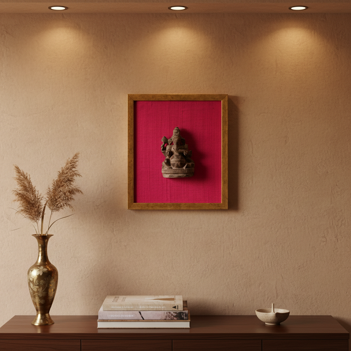 Antique Red Sanders Wood Marapachi Ganesha from Andhra Pradesh | Framed in Raw Silk