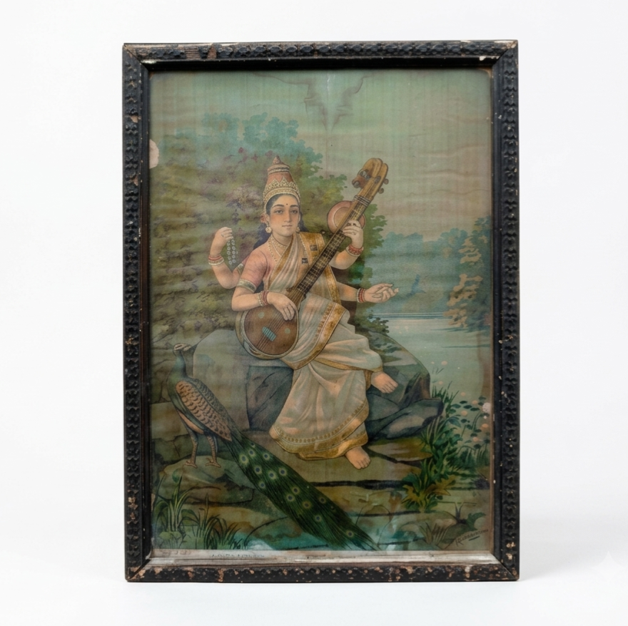 Vintage Saraswati Chromolithograph | Goddess Saraswati | Veena & Peacock