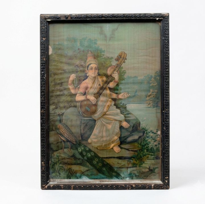 Vintage Saraswati Chromolithograph | Goddess Saraswati | Veena & Peacock