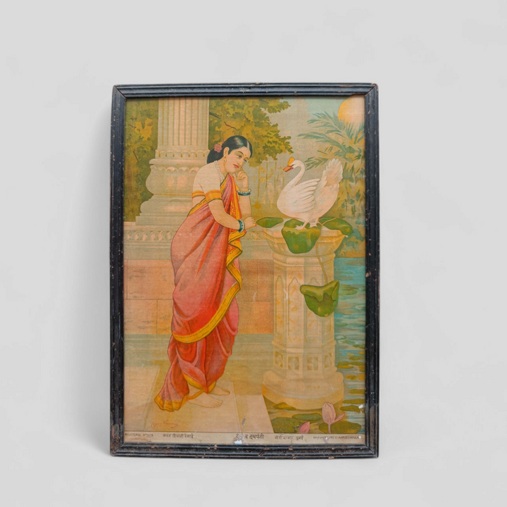 Vintage Ravi Varma Chromolithograph - Hamsa Damayanti