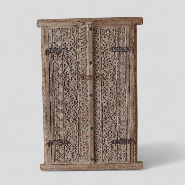 Vintage Marwar Haveli Window Panel | Hand-Carved Rajasthani Wooden Architectural Salvage