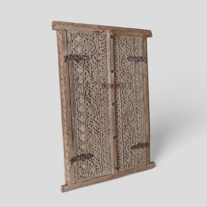 Vintage Marwar Haveli Window Panel | Hand-Carved Rajasthani Wooden Architectural Salvage