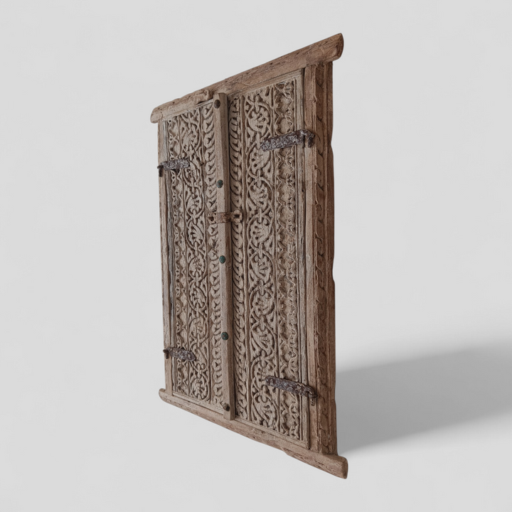 Vintage Marwar Haveli Window Panel | Hand-Carved Rajasthani Wooden Architectural Salvage