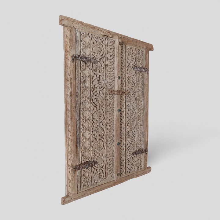 Vintage Marwar Haveli Window Panel | Hand-Carved Rajasthani Wooden Architectural Salvage