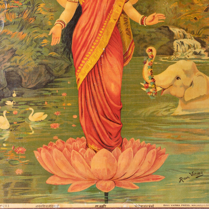 Vintage Raja Ravi Varma chromolithograph of Goddess Laxmi