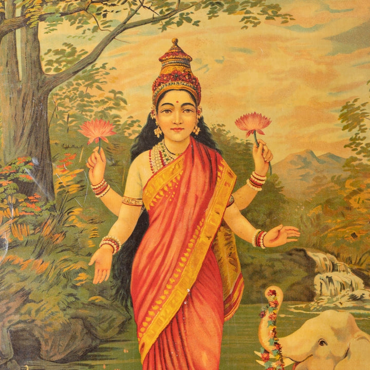 Vintage Raja Ravi Varma chromolithograph of Goddess Laxmi
