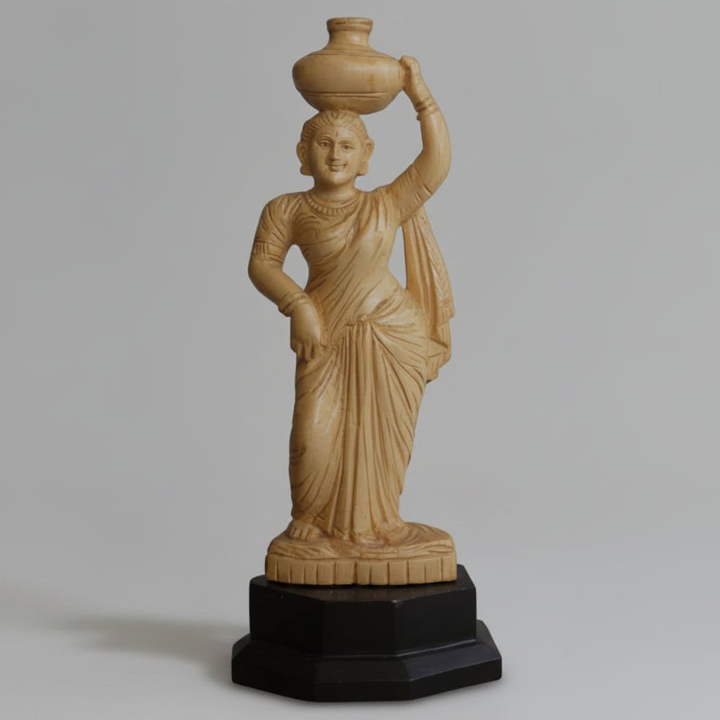 Lady holding a pot in wood