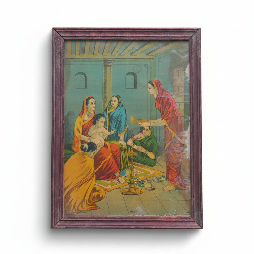 Framed artwork depicting a scene with women and a child on a tiled floor.