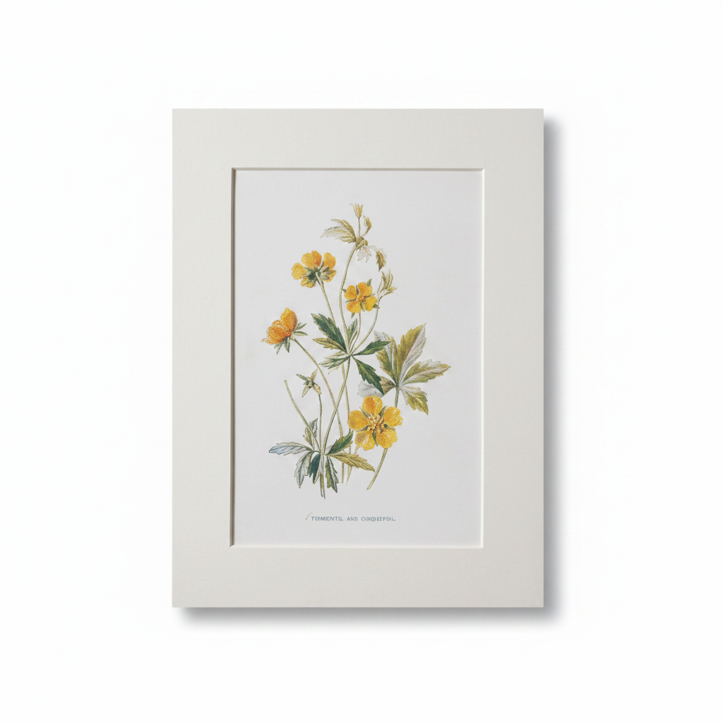 Framed botanical print of yellow flowers on a white background