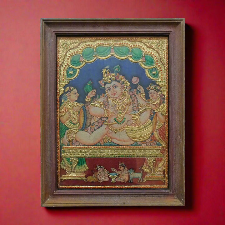 Tanjore Painting in 22 ct gold foil work - Navaneeta Krishna with Yashoda and Devaki