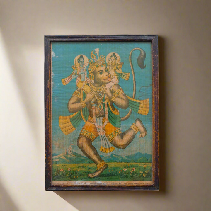 Vintage Ravi Varma Chromolithograph - Maruti Skandharudh with Rama Laxmana