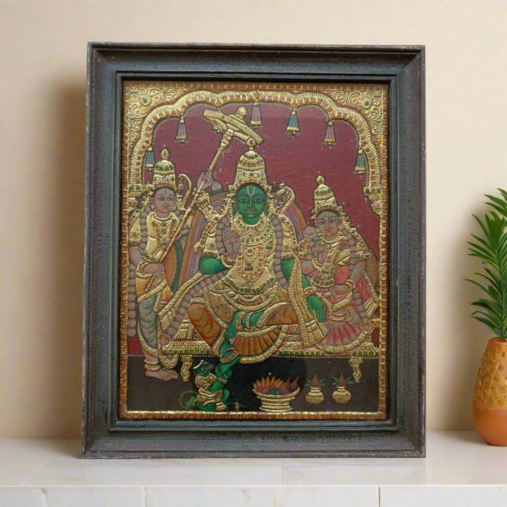 Tanjore Painting in 22 ct gold foil work - Lord Rama with Sita, Laxmana and Hanuman