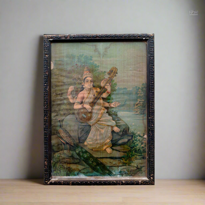 Vintage Ravi Varma Chromolithograph - Saraswati