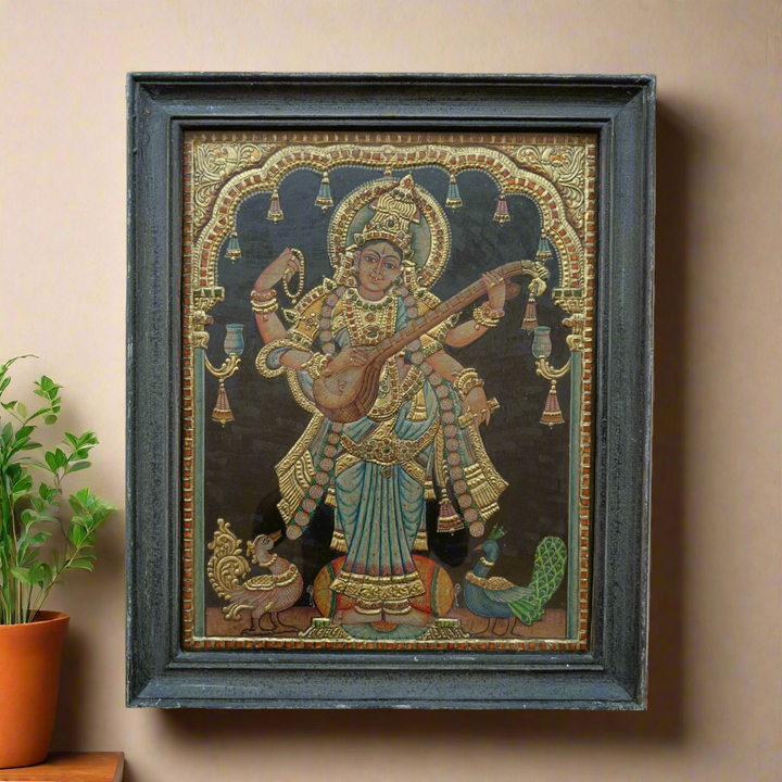 Tanjore Painting in 22 ct gold foil work - Goddess Saraswati