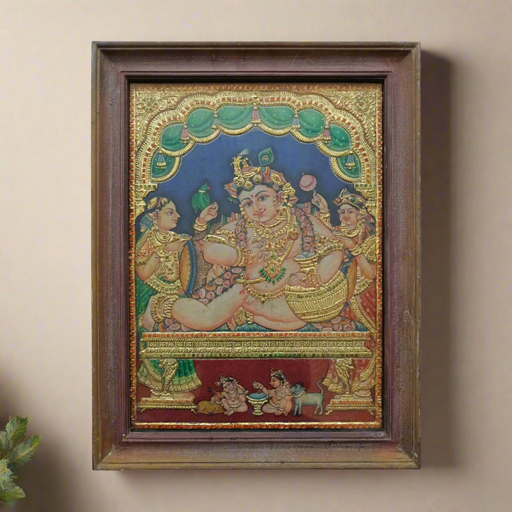 Tanjore Painting in 22 ct gold foil work - Navaneeta Krishna with Yashoda and Devaki