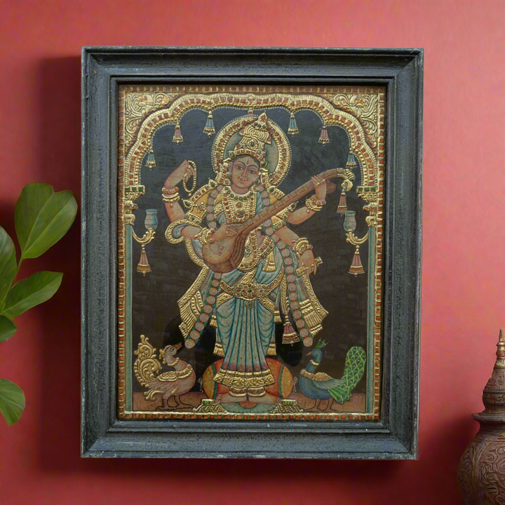 Tanjore Painting in 22 ct gold foil work - Goddess Saraswati