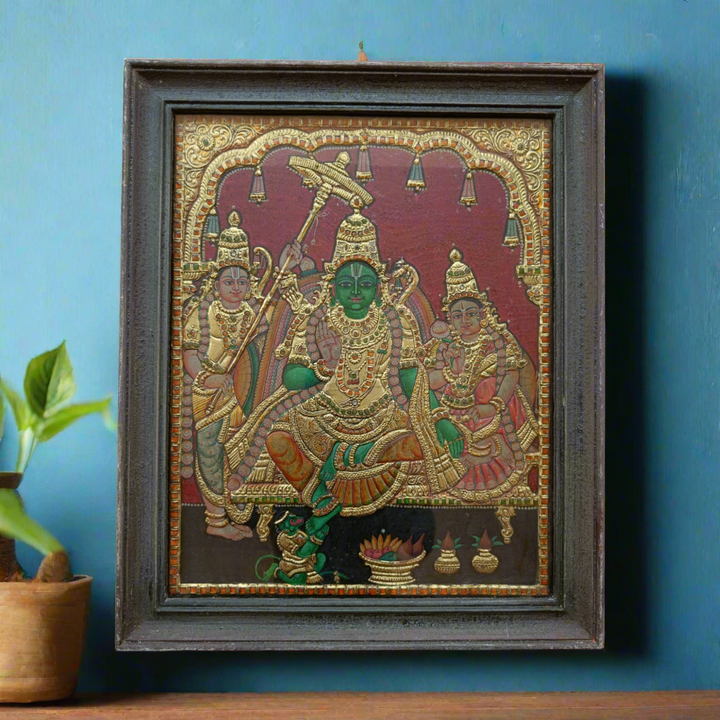 Tanjore Painting in 22 ct gold foil work - Lord Rama with Sita, Laxmana and Hanuman