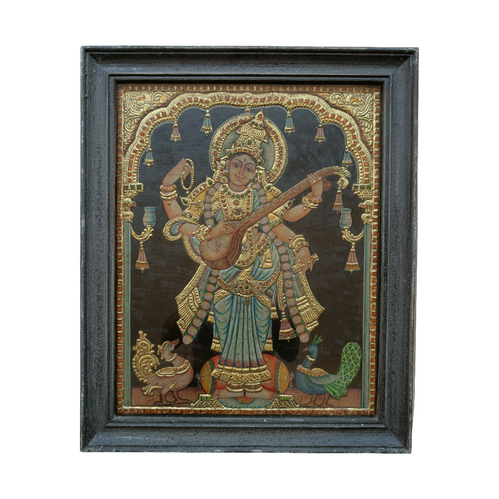 Tanjore Painting in 22 ct gold foil work - Goddess Saraswati