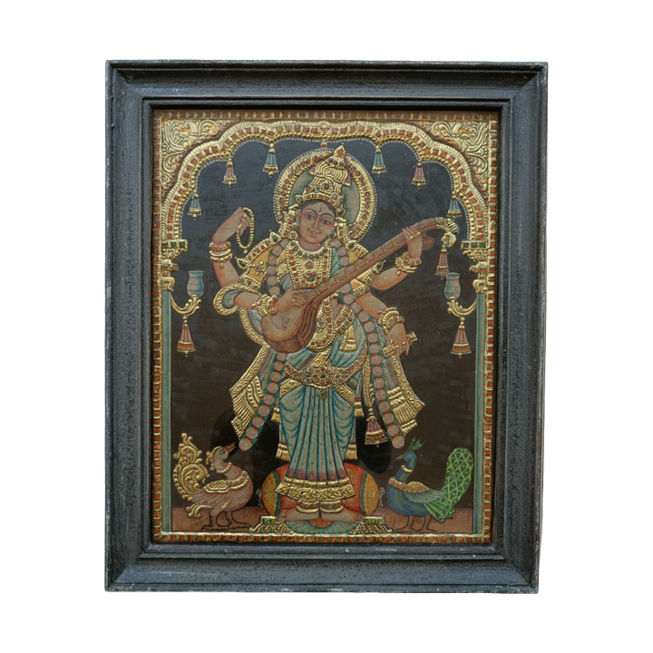 Tanjore Painting in 22 ct gold foil work - Goddess Saraswati