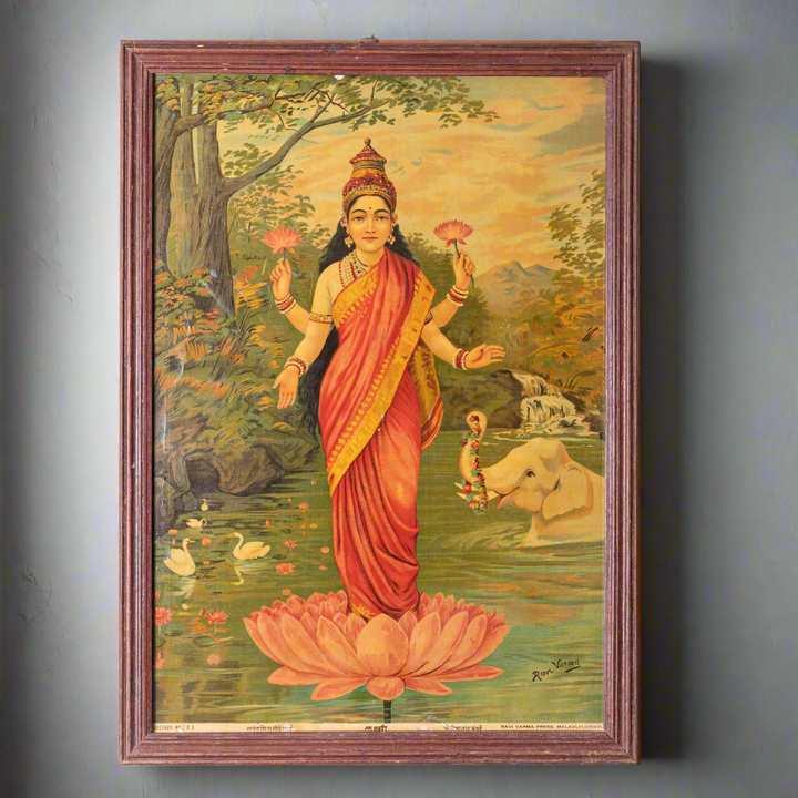 Vintage Raja Ravi Varma chromolithograph of Goddess Laxmi