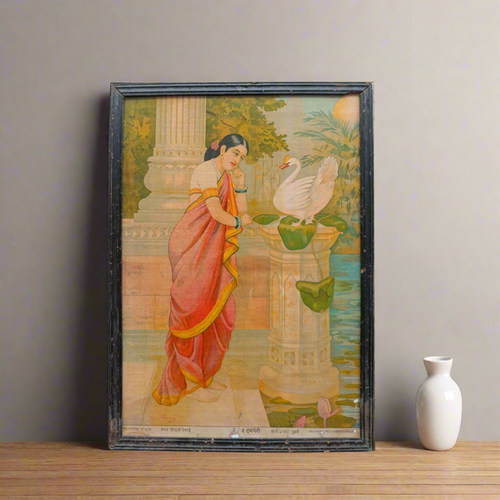 Vintage Ravi Varma Chromolithograph - Hamsa Damayanti