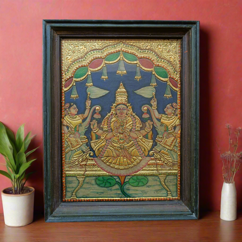 Tanjore Painting in 22 ct gold foil work - Gajalakshmi