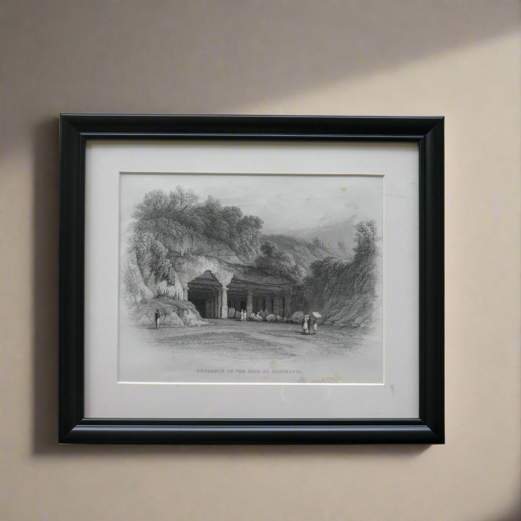 Framed antique black and white print of elephanta caves 