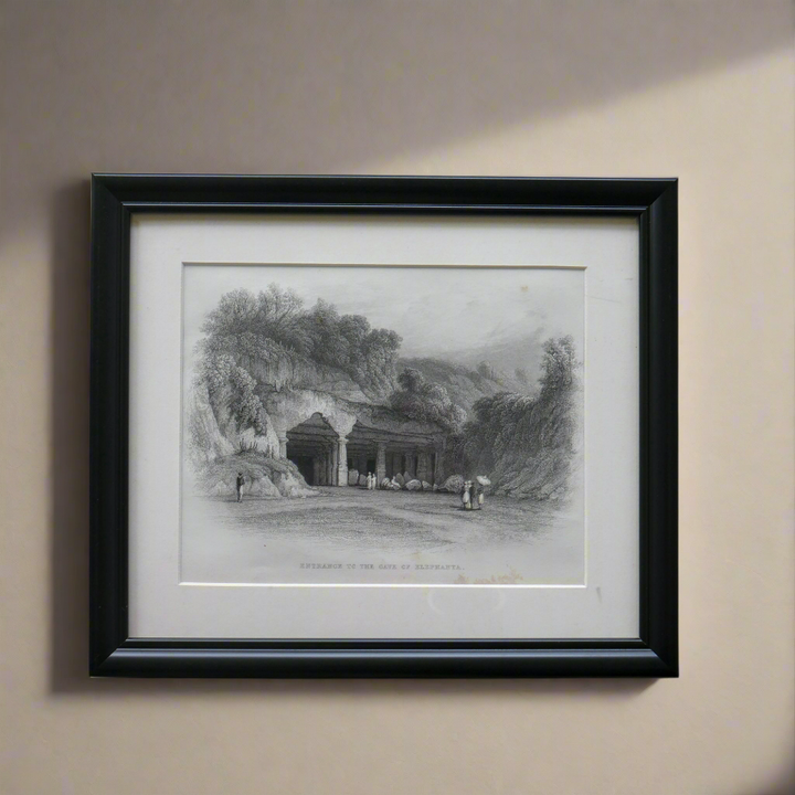 Framed antique black and white print of elephanta caves 