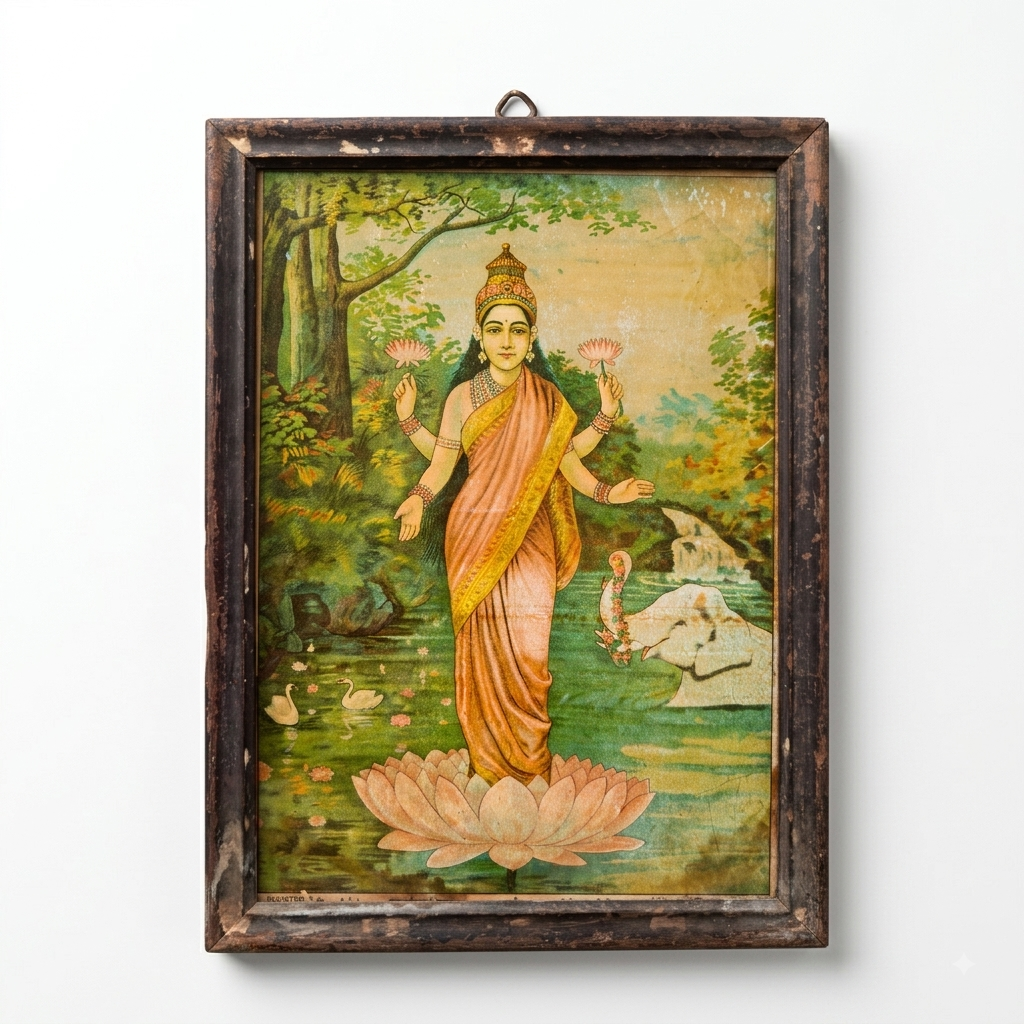 Vintage Raja Ravi Varma Standing Lakshmi oleograph printed at Malavli Press