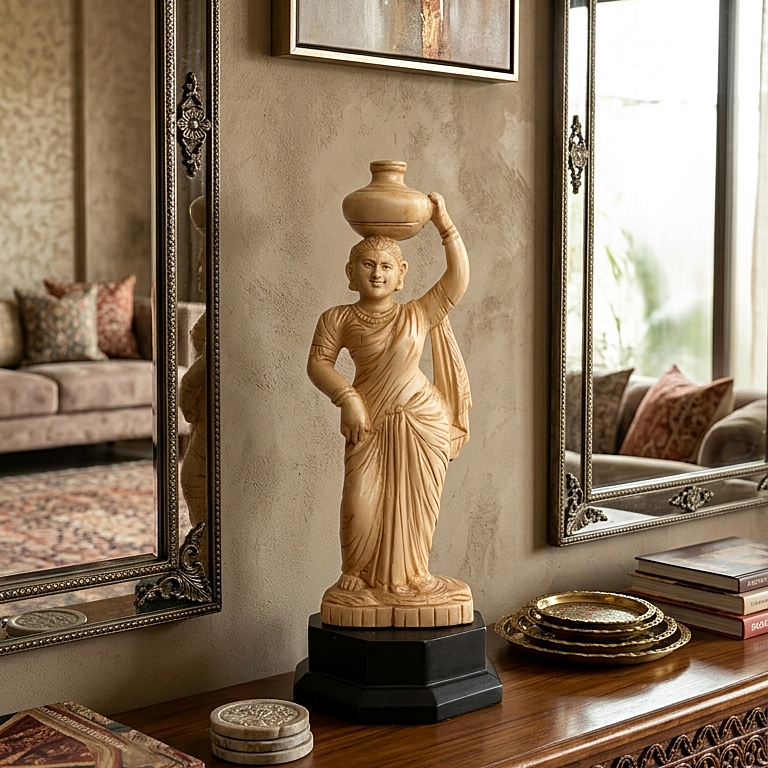 Lady Holding a Water Pot - Carved in Wood
