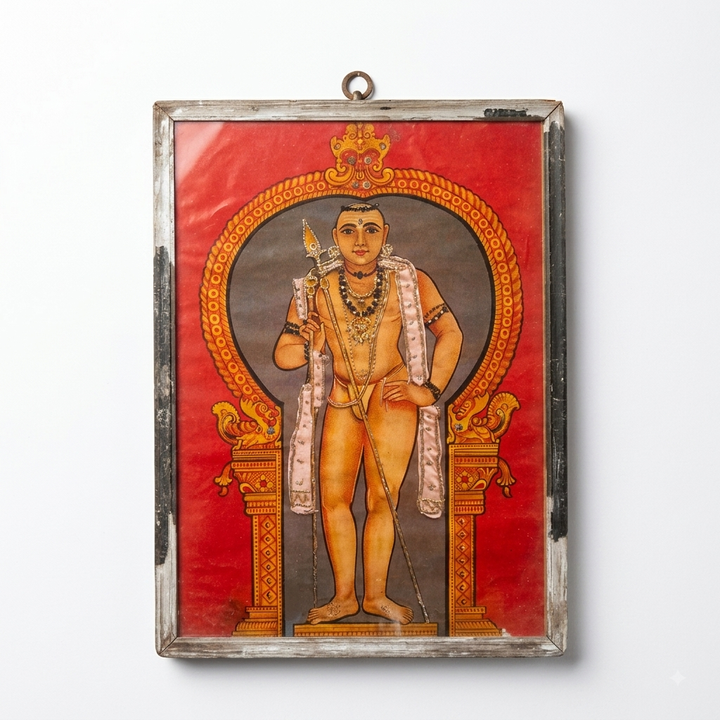 Vintage Raja Ravi Varma Dandayupani oleograph embellished with cloth and beadwork in original frame