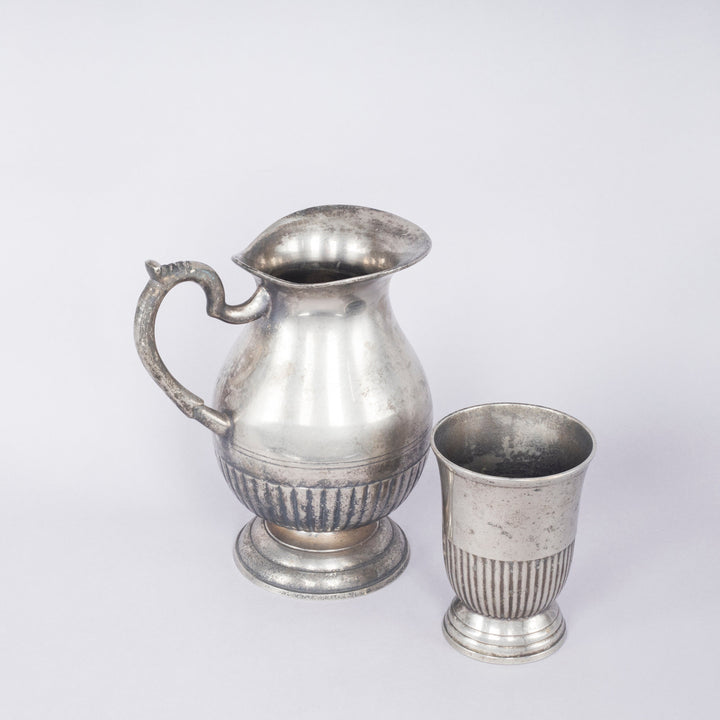 Vintage White Metal Jug and Glass Set