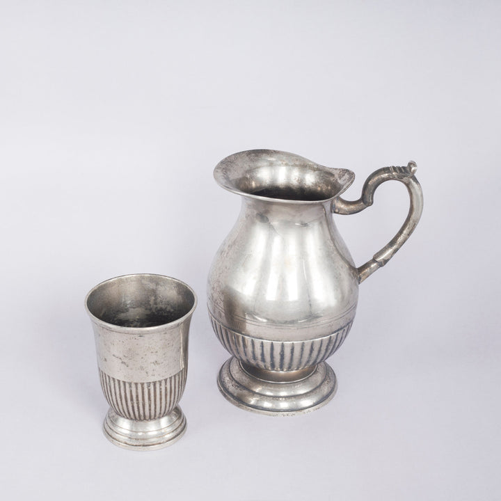 Vintage White Metal Jug and Glass Set